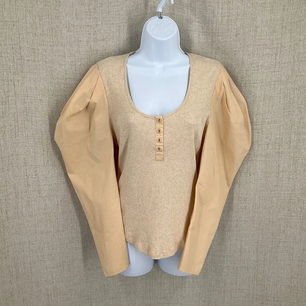 Ulla Johnson Henley‎ Top Sz S Cotton Joanne Oatmeal Poplin Puff Sleeve Boho